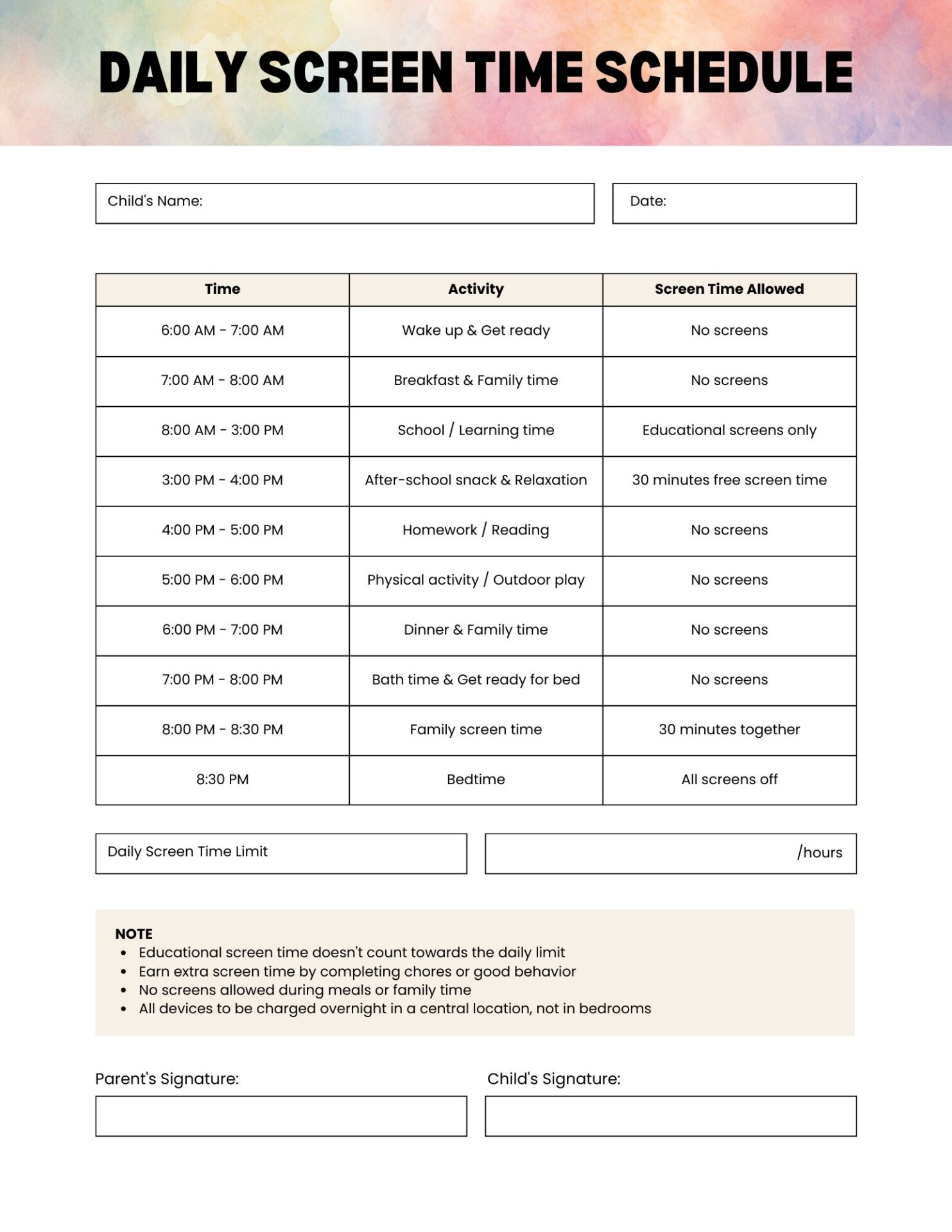 free daily screen time schedule template