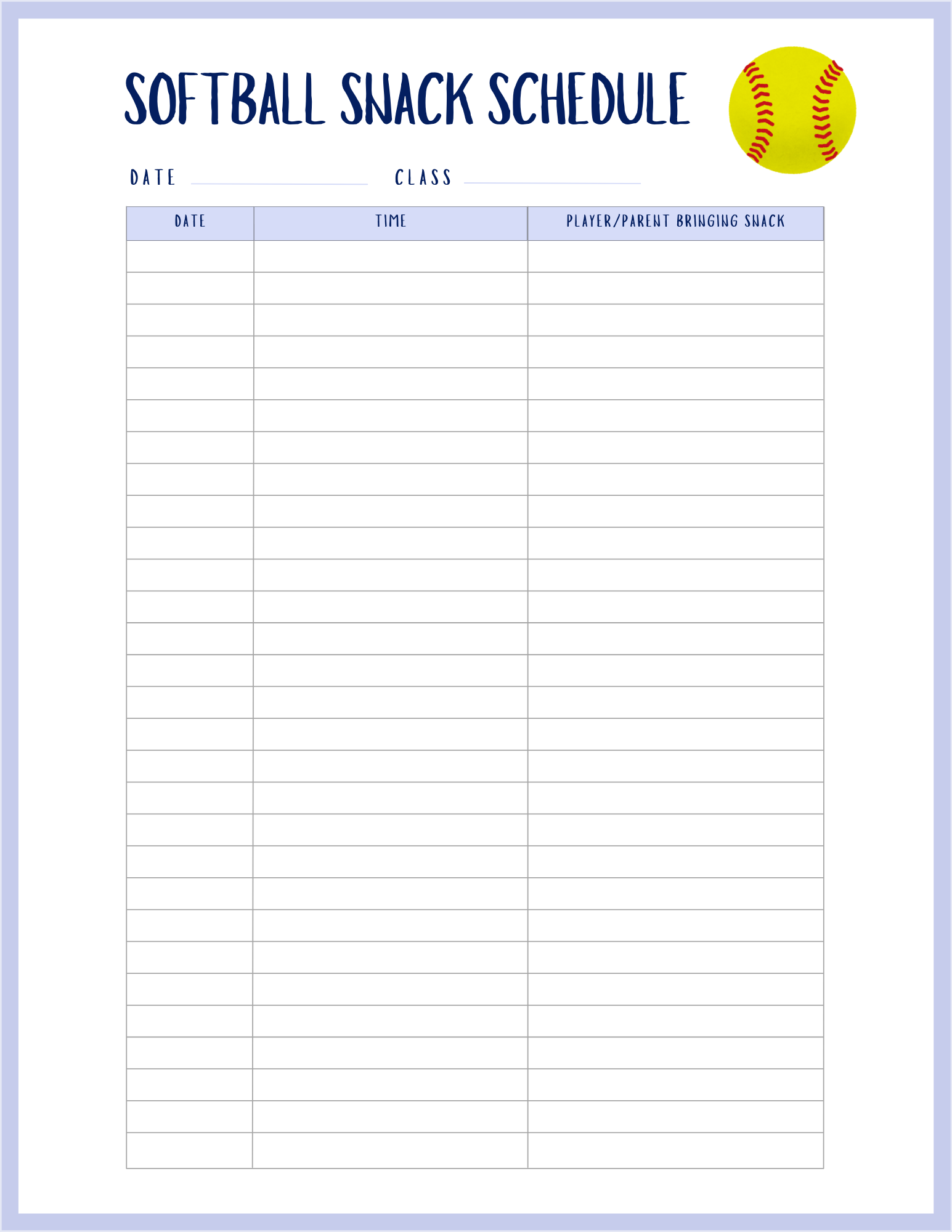 free softball snack schedule template sheet