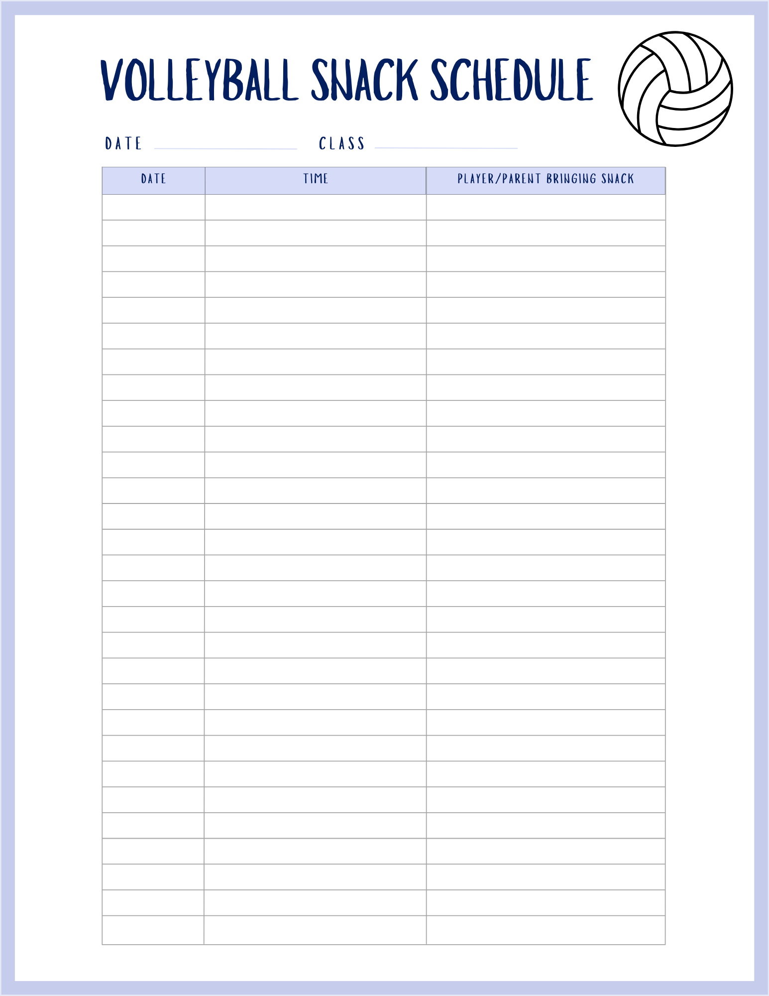free Volleyball snack schedule template