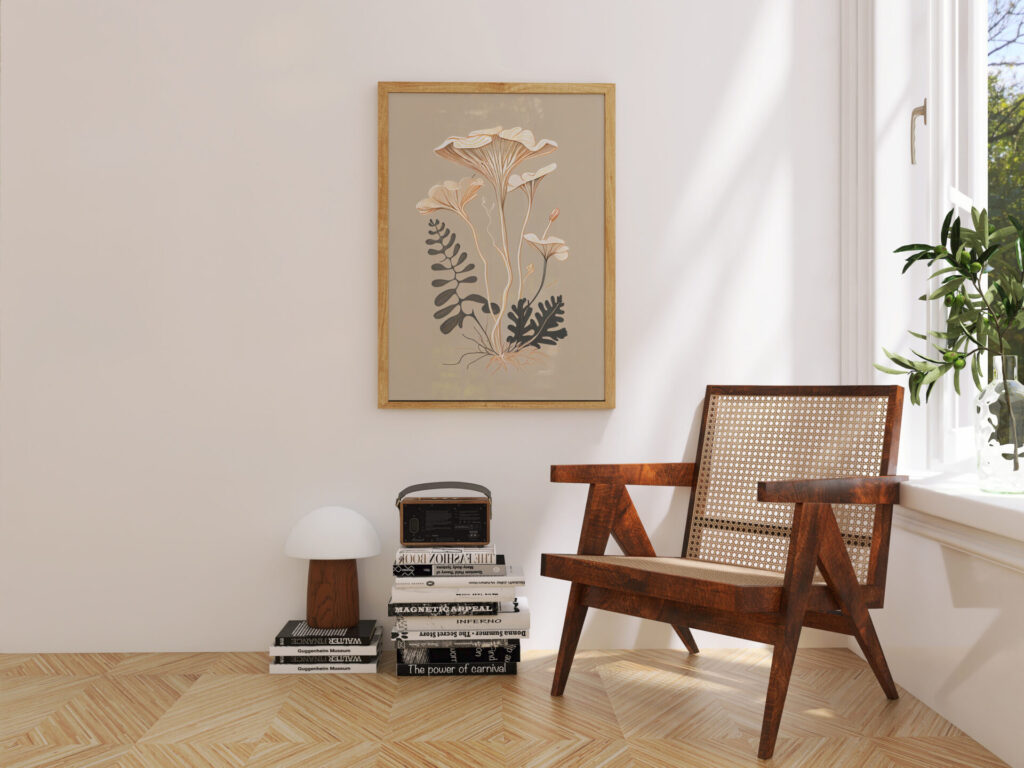 he bright white-walled room with the dark cane chair, stack of books, little mushroom lamp, and the plant by the sunny window.